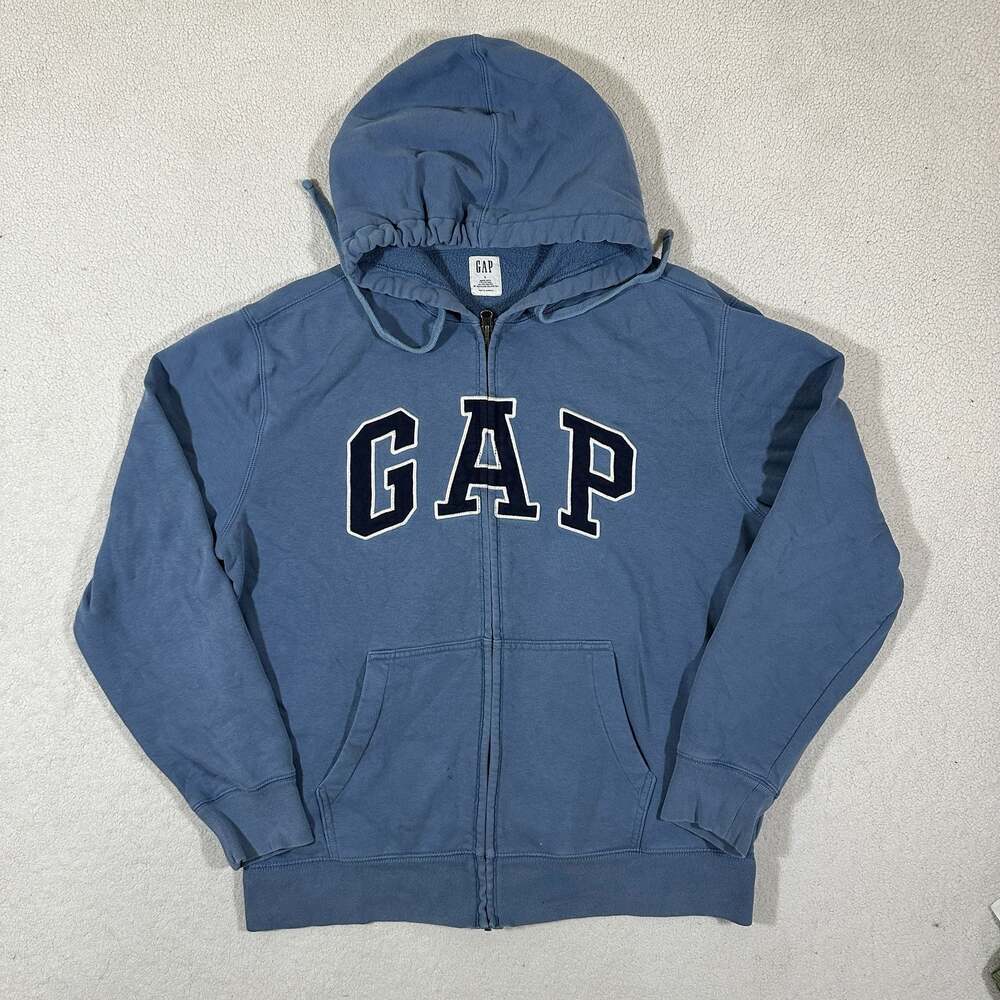 GAP Blue Logo Full Zip Hoodie Size L Fleece Lined Spellout Sweatshirt Y2K Style